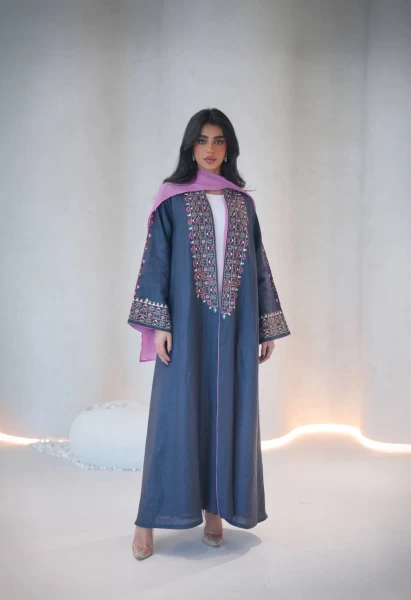 Linen abaya in navy blue with embroidery C:IB292